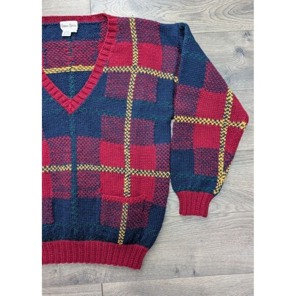 Neiman Marcus Women’s Hand Knit 100% Wool Sweater Plaid Check V-Neck Size M Vtg. - Picture 3 of 5